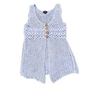 BLUE Boho Knit Crochet Vest‎ Button Up Hand Knit Festival Size XS PURE Designer